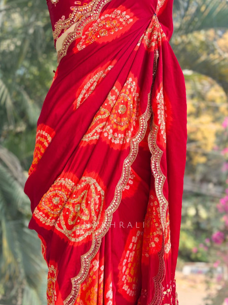 Rangtaal Red Bandhani Saree