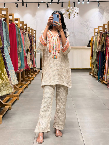 Kavira White Co-Ord Set with Multicolor Embroidery