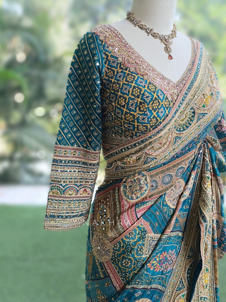 Image of Guzel Ram Green Gajji Silk Saree with Mosaic Print