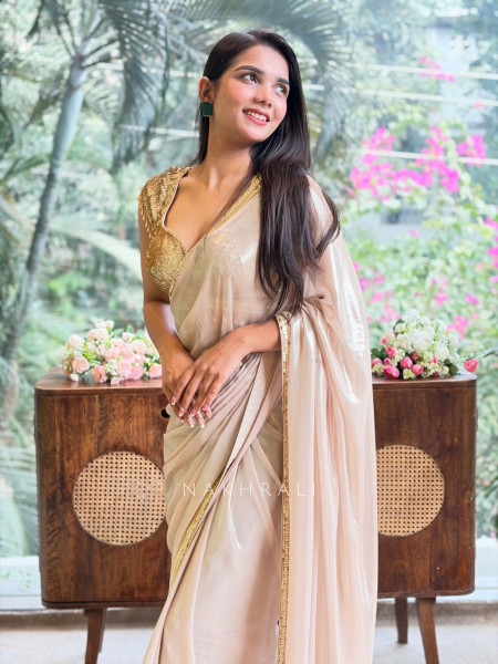 Beatrice Ivory Saree with Golden Embellished Readymade Blouse