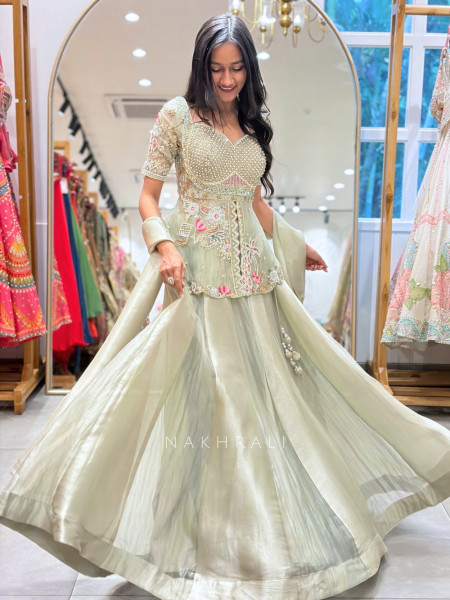Rasika Light Green Indo-Western Lehenga Set with Embroidered Peplum