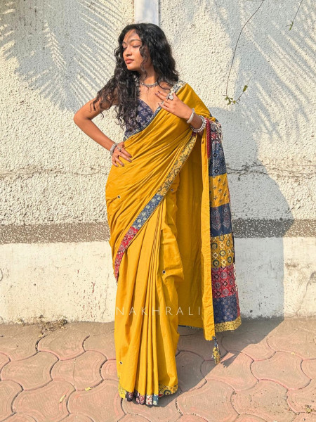 Sootra Mustard Cotton Saree with Patchwork Border
