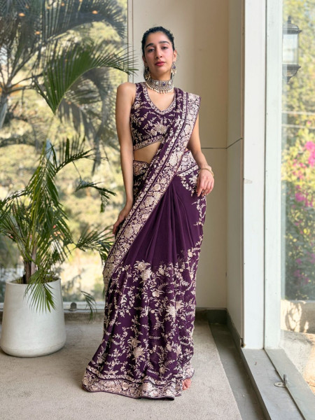 Adaah Wine Georgette Saree with All-Over Embroidery