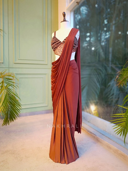 Riona Brown Sequin Drape Saree with Cut Dana Blouse