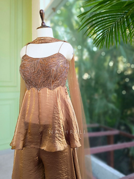 Zeraya Brown Embroidered Peplum Palazzo Set