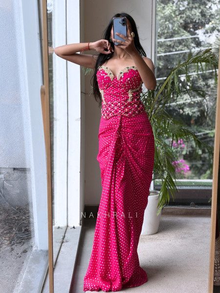 Artifact Magenta Indo-Western Corset Crop Top & Pre-Draped Skirt