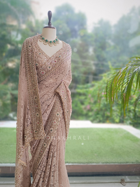 Lunara Beige French Chantilly Lace Designer Saree with Readymade Blouse