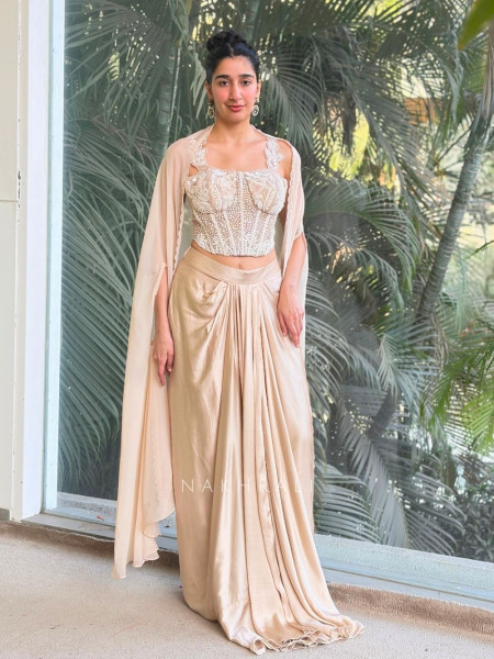 Solenne Beige Corset Skirt Set with Sequin and Cut Dana Work