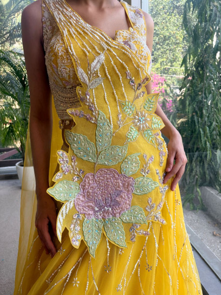Floral Symphony Yellow Indo-Western Lehenga Set