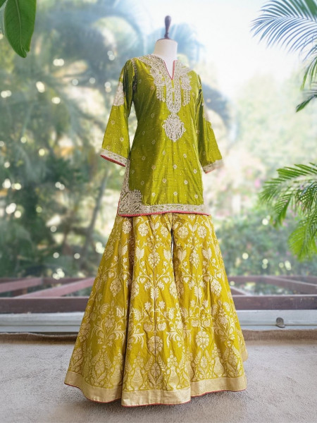 Anokhi Olive Green Zari Sequin Suit Set with Contrast Dupatta