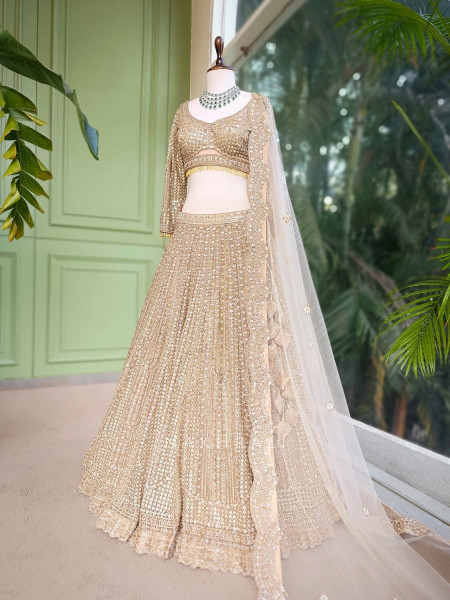 Rishmika Gold Bridal Lehenga with Sequin and Bead Work