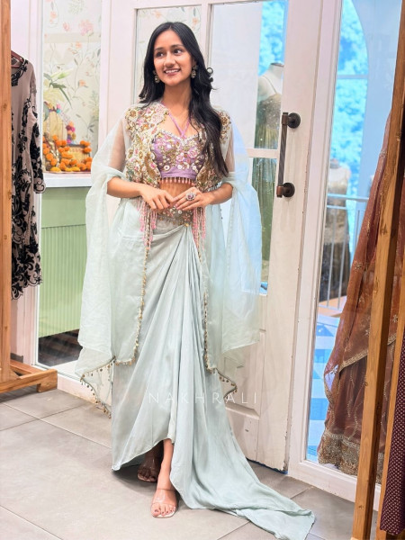 Vyomi Blue Indo Western Crop Top Skirt Set with Multicolor Embroidery