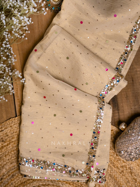 Eclipse Cream Crushed Tissue Saree with Sequin and Pearl Work