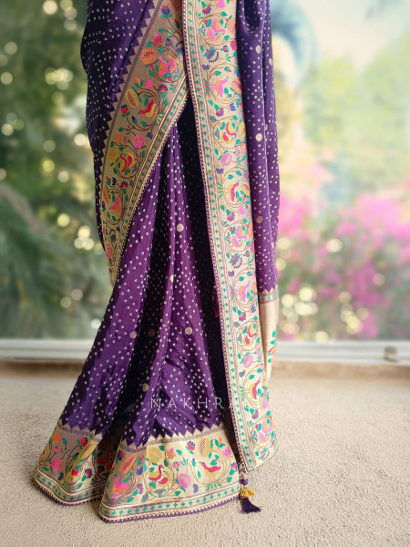 Rivaya Purple Bandhani Saree with Ornate Border