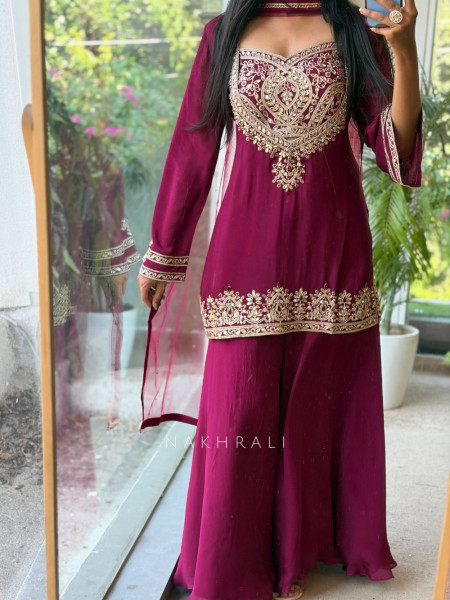 Nazneen Wine Fendy Silk Sharara Set