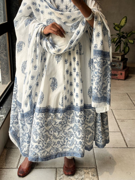 Nerith Blue Cotton Suit Set with Floral Block Print