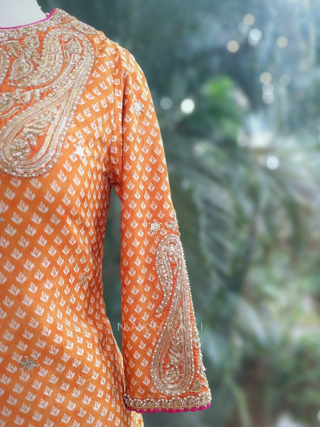 Flare Luxe Orange Gharara Set with Pearl and Sequin Work
