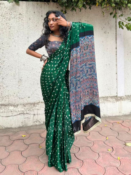 Niyati Green Modal Saree with Ajrakh Pallu