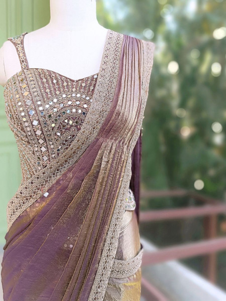 Darpan Purple Drape Saree with Mirror Embroidered Corset Blouse