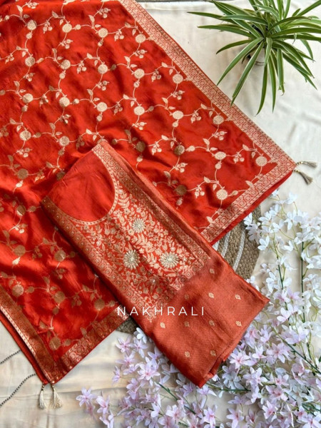 Koshika Vermilion Orange Banarasi Woven Silk Dress Material