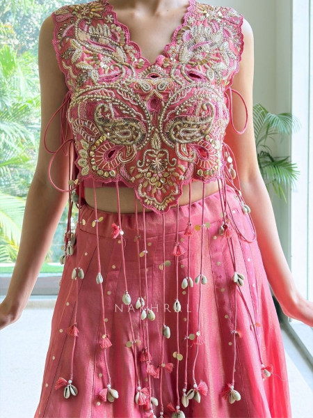 Gulpriya  Pink Shimmer Tissue Silk Crop Top Palazzo Set