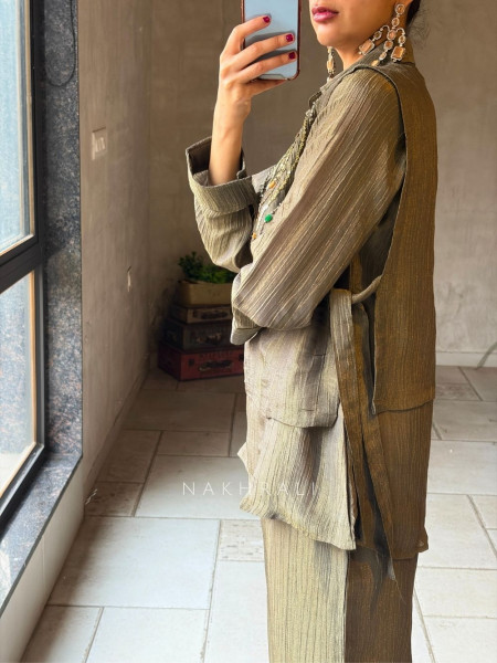 Nyra Olive Tissue Indo-Western Layered Palazzo Set