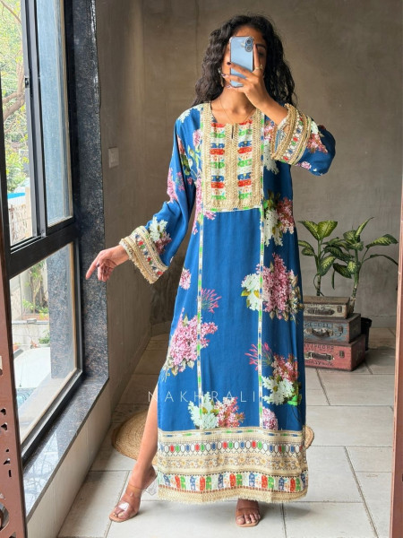 Kairaa Blue Straight Dress with Mirror and Embroidery Work