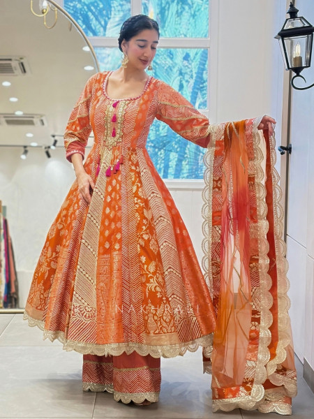 Leela Orange Anarkali Suit Set with Gota & Mirror Work