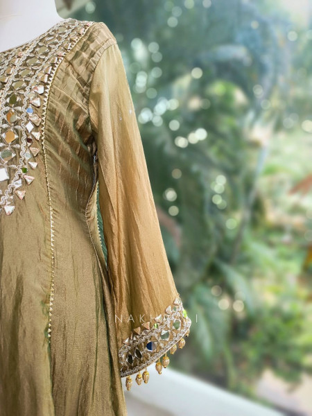 Amaya Olive Green Tissue Dhoti Kurta Set with Mirror and Gota Patti Work