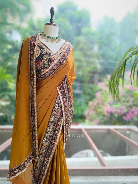 Dhara Mustard Georgette Silk Saree With Kalamkari & Cutdana Work