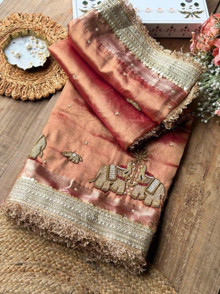 Gajshri Copper Rose Banarasi Katan Tissue Silk Saree