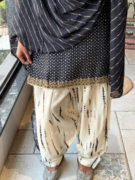 Rivkara Black Bandhej Suit Set with Golden Embroidery and Bead Work