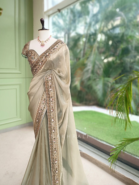 Lustre Trellis Sage Green Tissue Silk Saree with Readymade Blouse