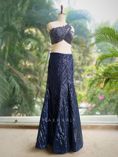 Noir Gleam Blue Sequin Crop Top Skirt Set