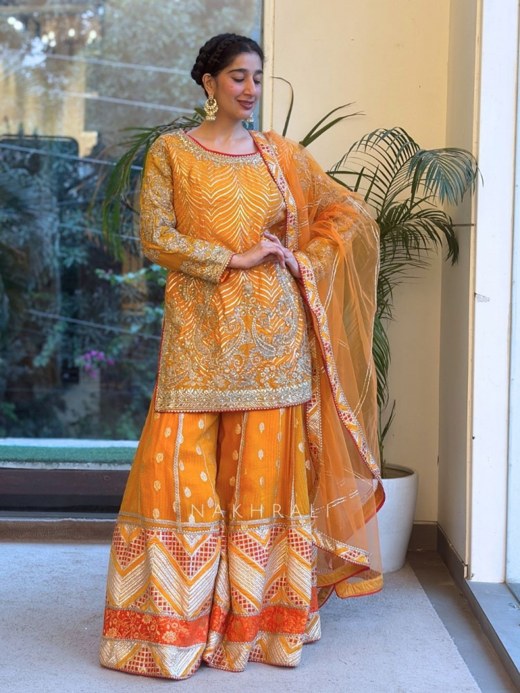 Image of Orange Palazzo Suit Set with Zari Zardosi Work