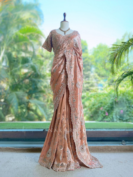 Celestine Peach Crushed Shimmer Silk Tissue & Silk Georgette Blend Saree