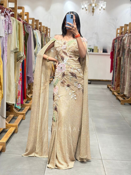 Orlina Beige Sequin Drape Gown