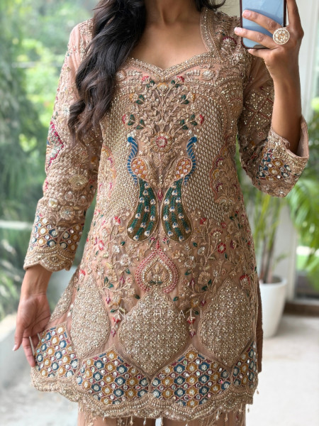 Gilded Heirloom Beige Tulle Net & Satin Silk Sharara Suit Set