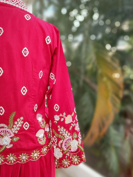 Kavira Red Embroidered Crop Top Skirt with Jacket Set