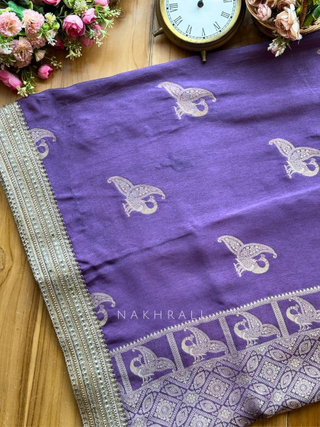Tavira Lavender Saree with Broad Border and Unstitched Blouse Piece