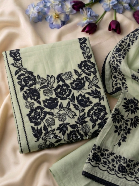 Komallika Pista Green Dress Material With Floral Thread Embroidery