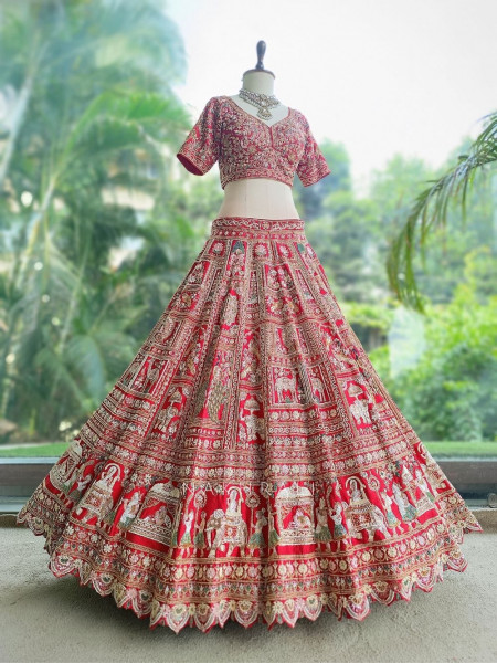 Shahi Vivah Bridal Red Raw Silk Bridal Lehenga Set With Zardozi, Pitta & Resham Work