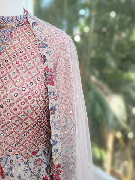 Qymera Beige Printed Anarkali Suit Set with Sequin Embroidery