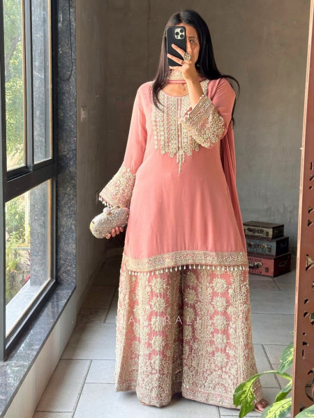 Aarunya Peach Georgette Palazzo Kurta Set with Zari Sequin Work