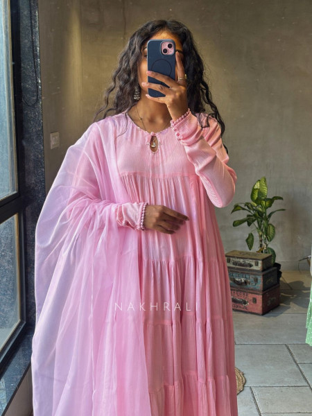Calira Pink Cotton Anarkali Suit Set with Organza Dupatta