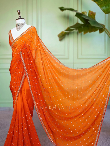 Sangini Orange Saree Zari Butti Work