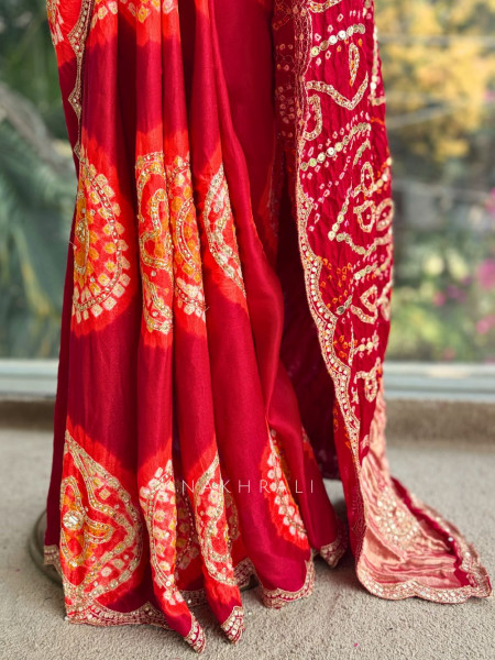 Rangtaal Red Bandhani Saree