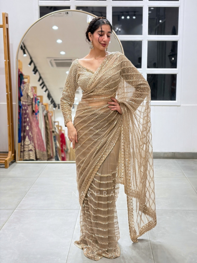 Image of Tishya Beige Italian Silk Net Saree with Readymade Blouse