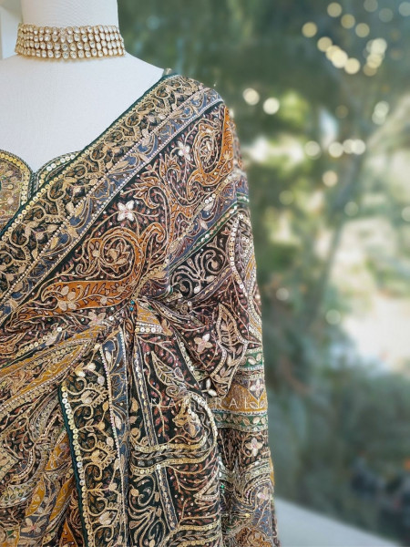 Nakkashi Green Bridal Sequin Zari Saree with Ready Blouse