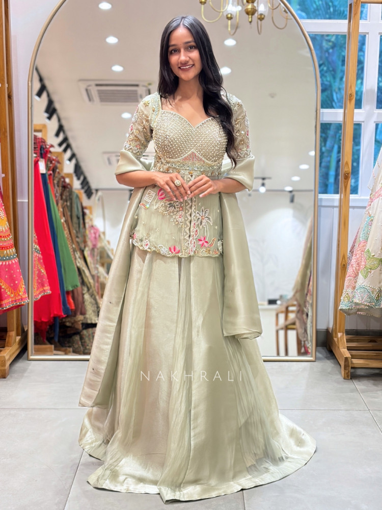 Image of Rasika Light Green Indo-Western Lehenga Set with Embroidered Peplum